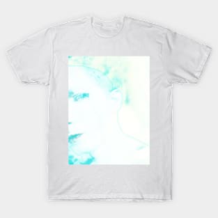 Portrait, digital collage and special processing. Face glimpse.Very beautiful guy. Very soft. Light blue. T-Shirt